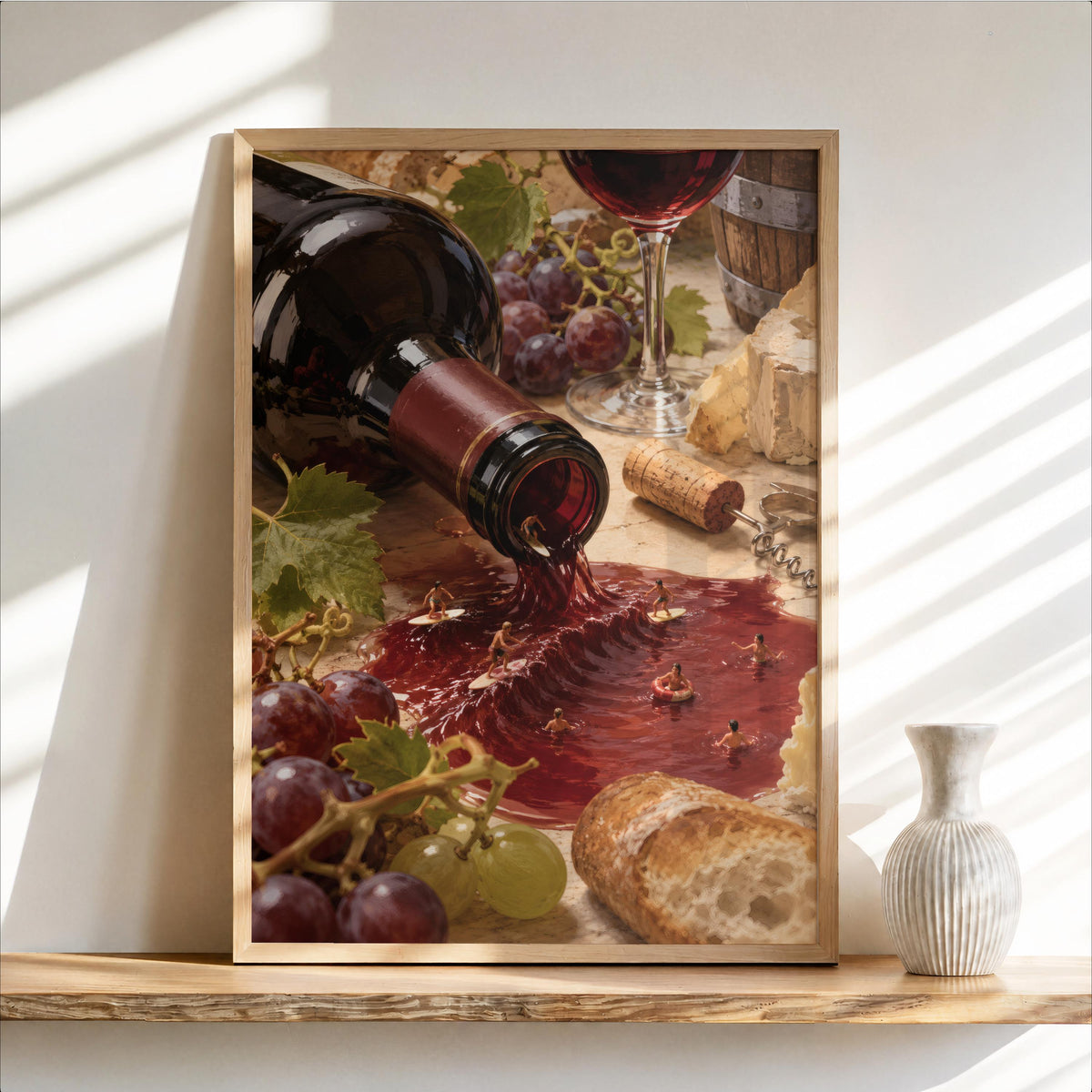 Tiny People in Red Wine Pool, Whimsical Wine Print, Miniature Surfers & Swimmers, European Bistro Decor, Foodie Wall Art, Funny Kitchen Gift