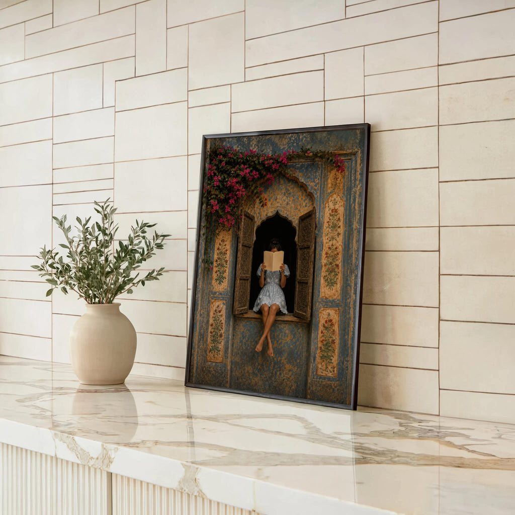 Woman Reading in Rajasthani Haveli Window, Blue Jaipur Palace Door Print, Indian Architecture Wall Art, Vintage Mughal Poster, Book Decor