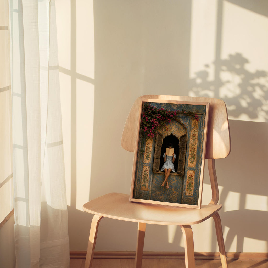 Woman Reading in Rajasthani Haveli Window, Blue Jaipur Palace Door Print, Indian Architecture Wall Art, Vintage Mughal Poster, Book Decor