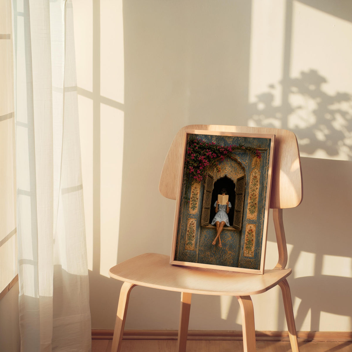 Woman Reading in Rajasthani Haveli Window, Blue Jaipur Palace Door Print, Indian Architecture Wall Art, Vintage Mughal Poster, Book Decor