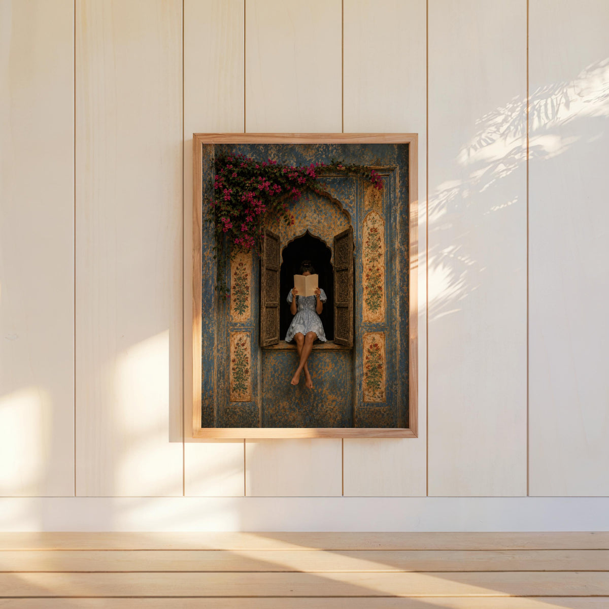 Woman Reading in Rajasthani Haveli Window, Blue Jaipur Palace Door Print, Indian Architecture Wall Art, Vintage Mughal Poster, Book Decor