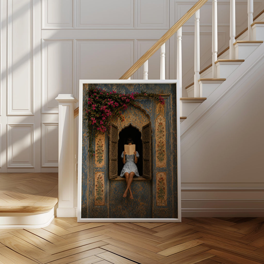 Woman Reading in Rajasthani Haveli Window, Blue Jaipur Palace Door Print, Indian Architecture Wall Art, Vintage Mughal Poster, Book Decor