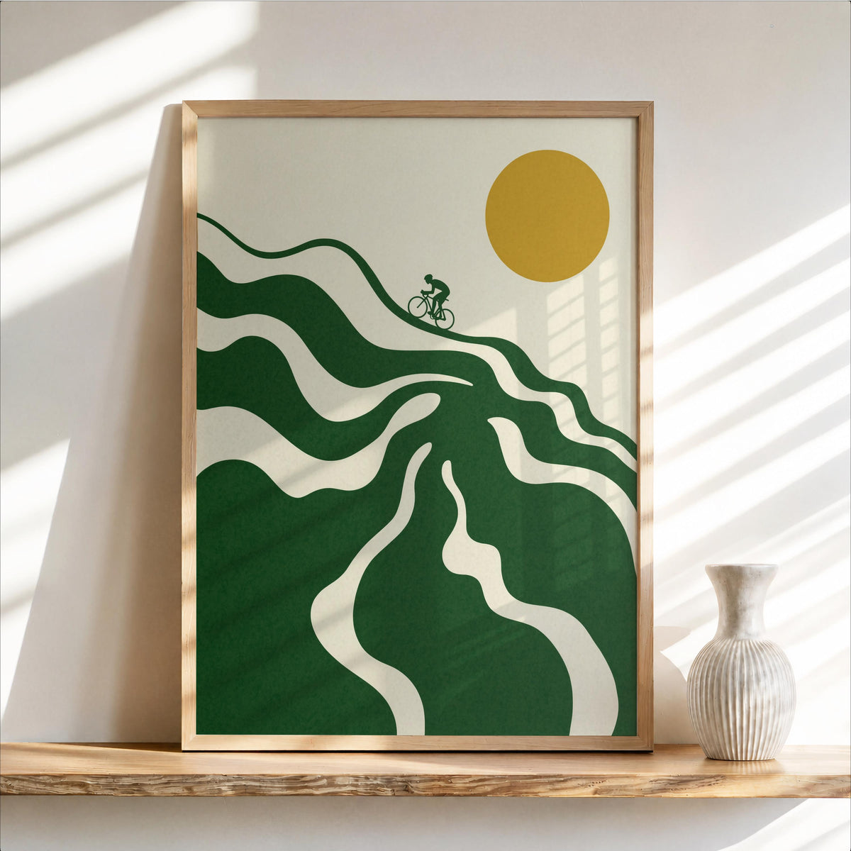 Cycling Wall Art, Vintage Mid Century Bicycle Print, Green Landscape Poster, Minimalist Sports Decor, Cyclist Gift for Him, Retro Man Cave