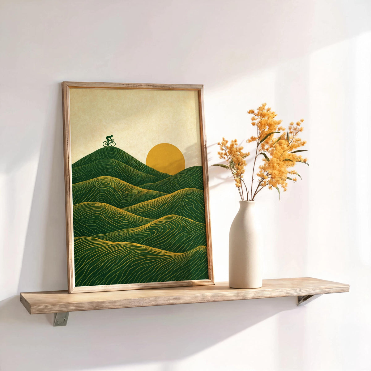Vintage Cycling Poster, Abstract Green Hills Wall Art, Minimalist Bike Print, Japandi Line Art Home Decor, Cyclist Outdoor Lover Gift,