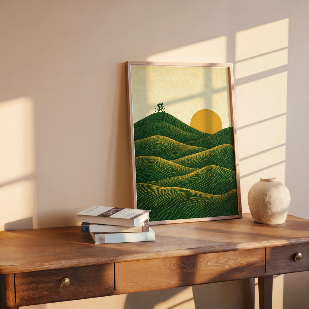 Vintage Cycling Poster, Abstract Green Hills Wall Art, Minimalist Bike Print, Japandi Line Art Home Decor, Cyclist Outdoor Lover Gift,