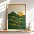 Vintage Cycling Poster, Abstract Green Hills Wall Art, Minimalist Bike Print, Japandi Line Art Home Decor, Cyclist Outdoor Lover Gift,