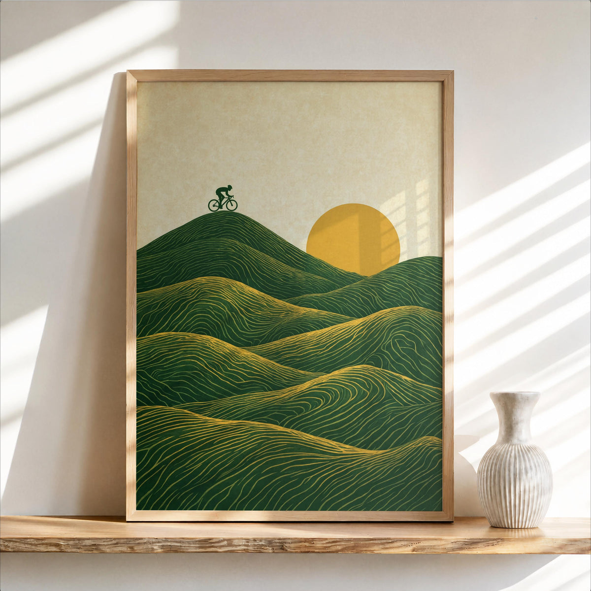 Vintage Cycling Poster, Abstract Green Hills Wall Art, Minimalist Bike Print, Japandi Line Art Home Decor, Cyclist Outdoor Lover Gift,