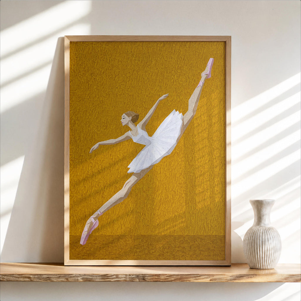 Framed abstract ballerina wall art on mustard yellow speckle, elongated arabesque pose, feminine bedroom wall art