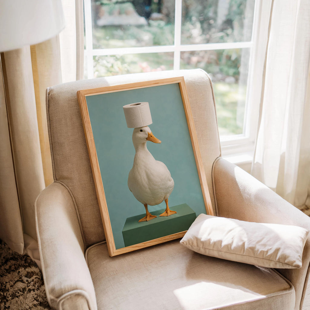 Quirky Duck Toilet Art Print, Whimsical Bird Poster, Funny Guest Bathroom Restroom Decor, Surreal Photo, Animal Lover Housewarming Gift