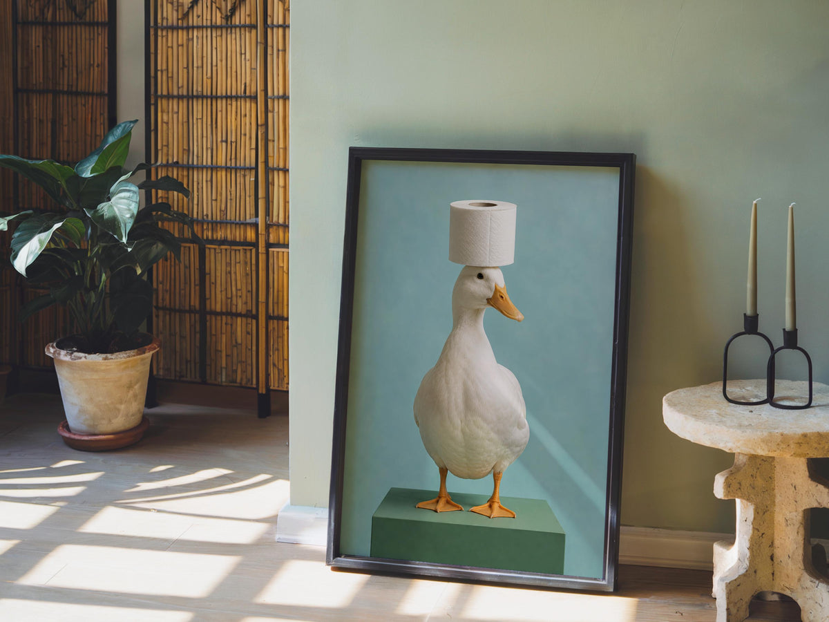 Quirky Duck Toilet Art Print, Whimsical Bird Poster, Funny Guest Bathroom Restroom Decor, Surreal Photo, Animal Lover Housewarming Gift