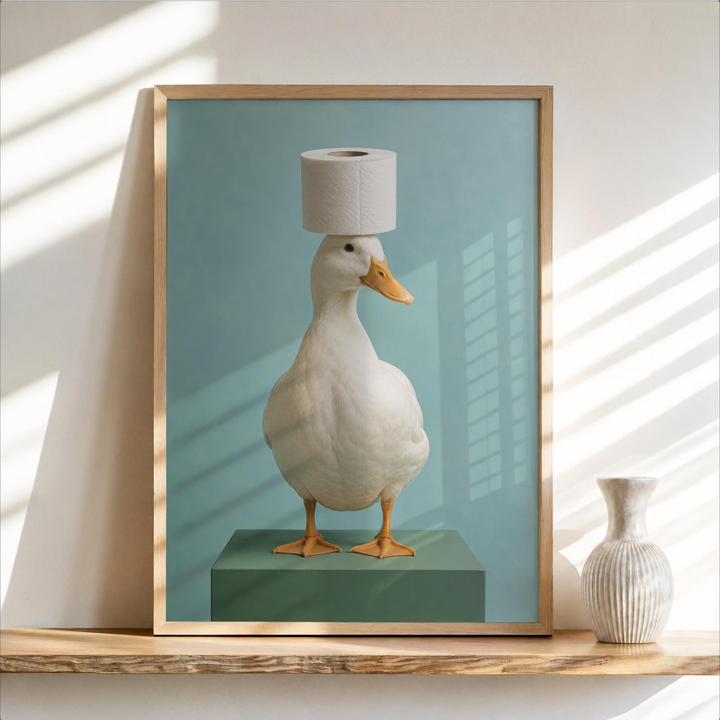 Quirky Duck Toilet Art Print, Whimsical Bird Poster, Funny Guest Bathroom Restroom Decor, Surreal Photo, Animal Lover Housewarming Gift