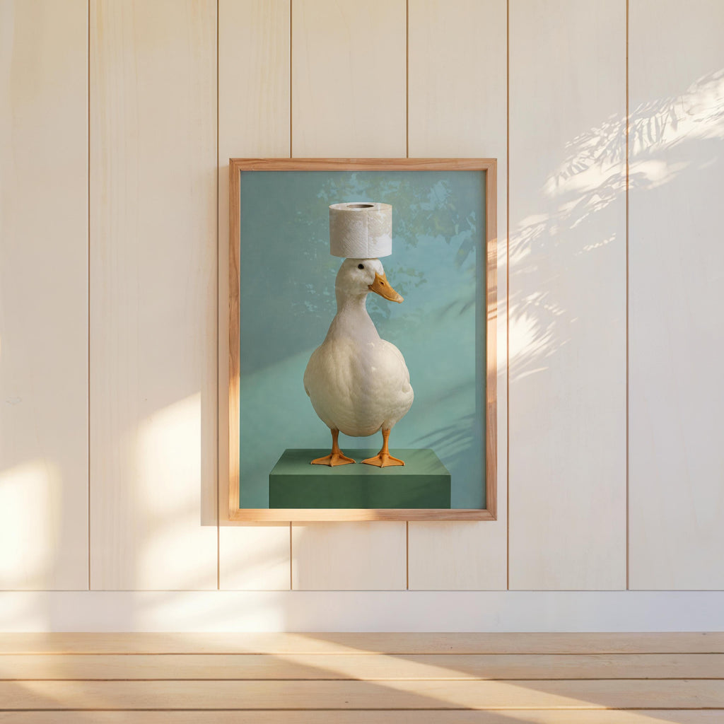 Quirky Duck Toilet Art Print, Whimsical Bird Poster, Funny Guest Bathroom Restroom Decor, Surreal Photo, Animal Lover Housewarming Gift