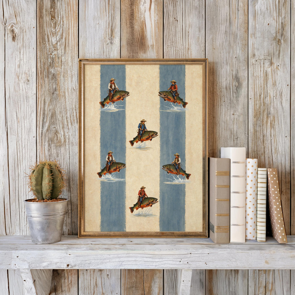 Cowboy Riding Trout Fish Art, Striped Vintage Western Fishing Poster, Cabin Decor, Funny Old West Print, Boys Nursery Decor, Lake House Gift
