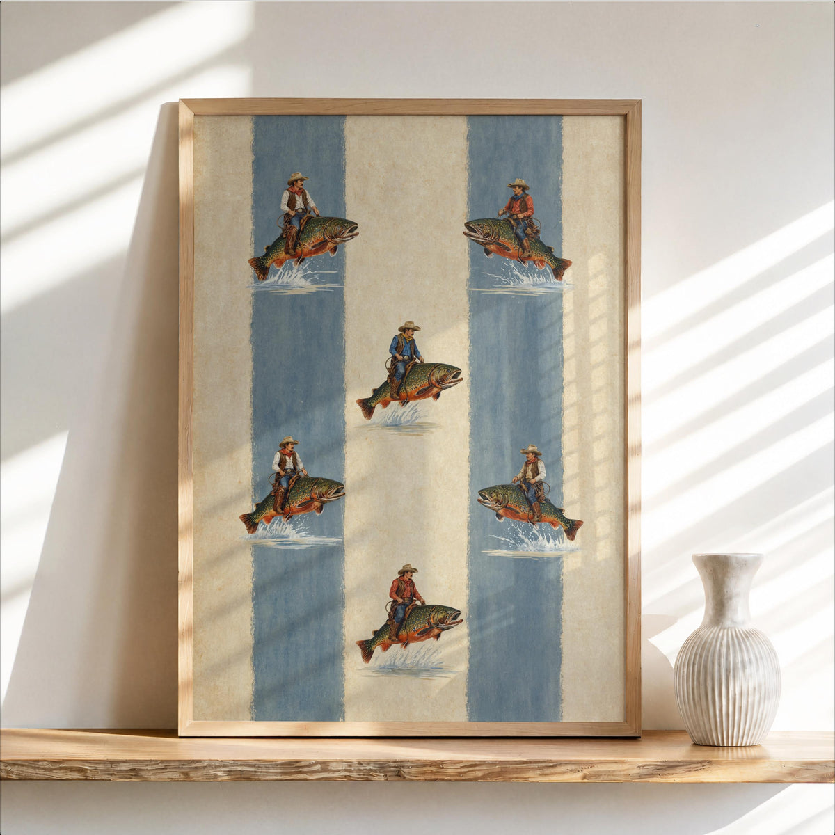 Cowboy Riding Trout Fish Art, Striped Vintage Western Fishing Poster, Cabin Decor, Funny Old West Print, Boys Nursery Decor, Lake House Gift