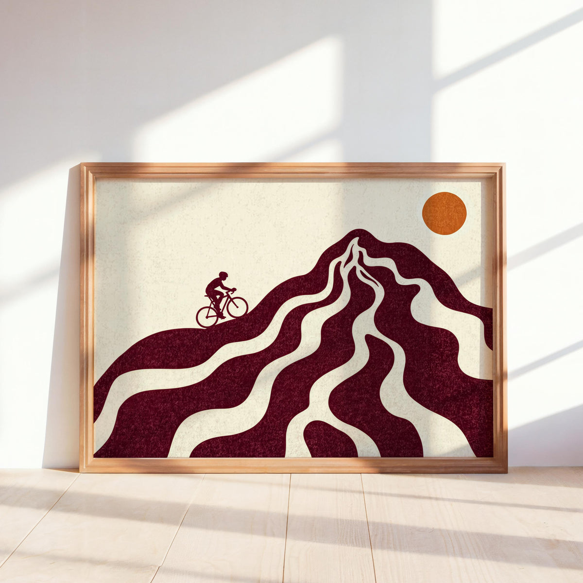 Minimalist Cycling Wall Art, Mid Century Modern Landscape Print, Green Mountain Poster, Abstract Bicycle Decor, Retro Sports Lover Gift