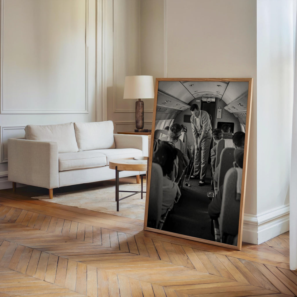 Funny Golf Wall Art, Golfer on Airplane Poster, Vintage Aviation Print, Black and White Travel Decor, Quirky Airline Gift for Golfers