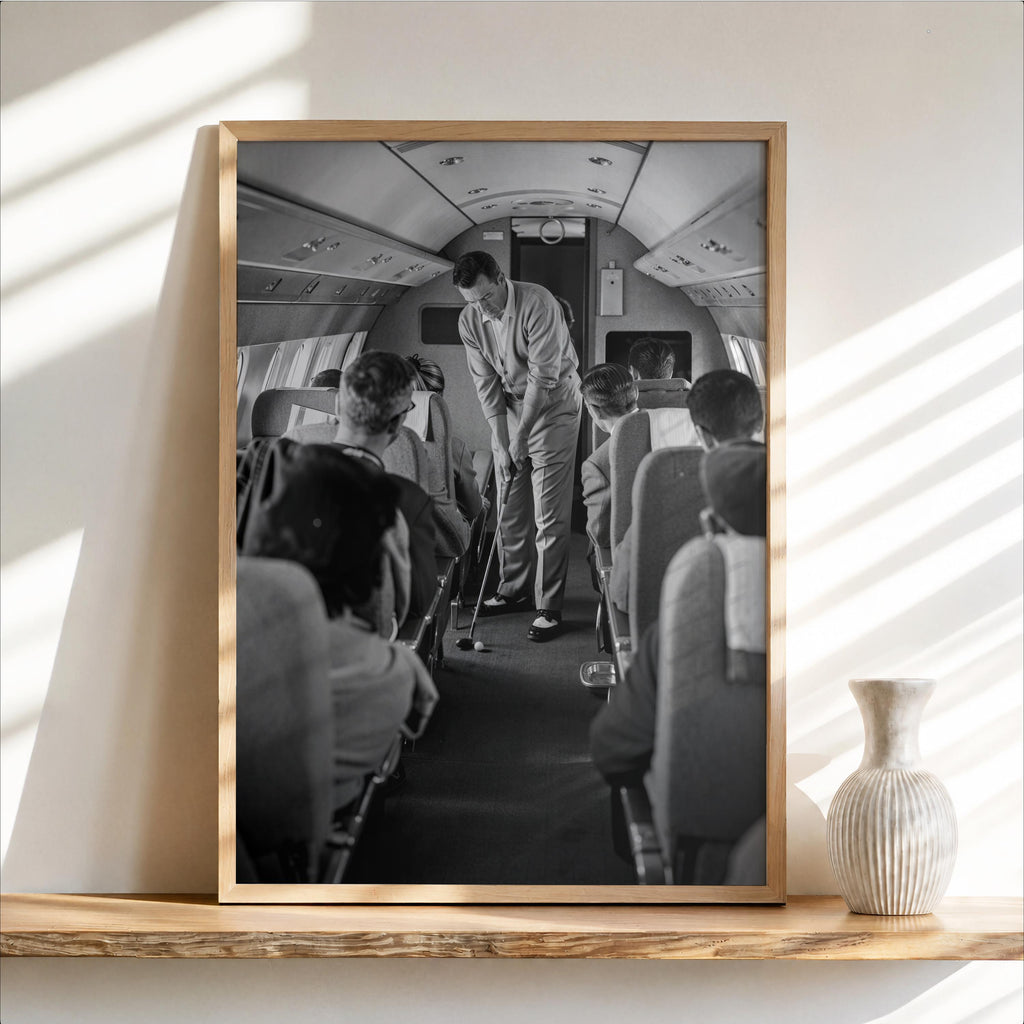 Funny Golf Wall Art, Golfer on Airplane Poster, Vintage Aviation Print, Black and White Travel Decor, Quirky Airline Gift for Golfers