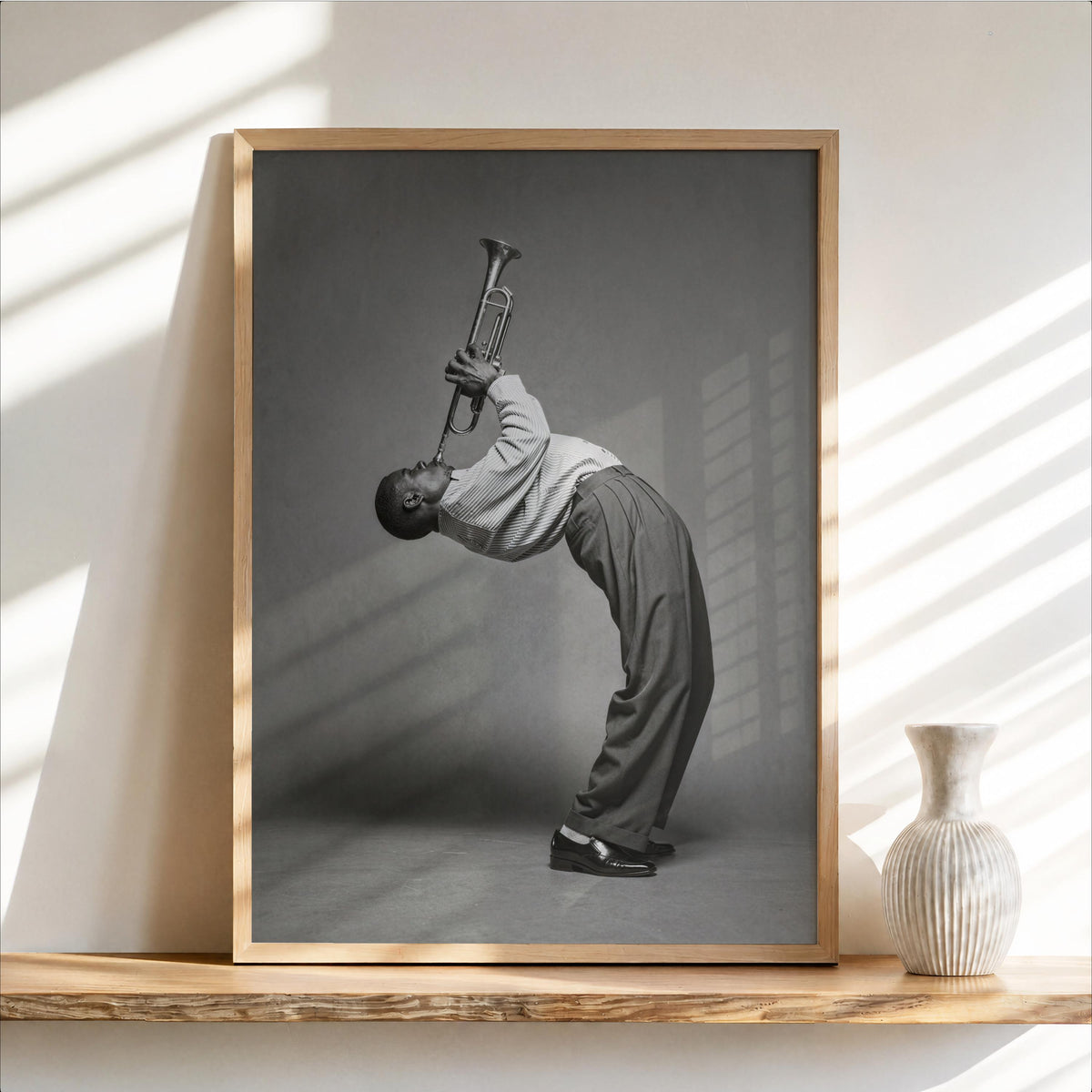 Funny Trumpet Player Wall Art, Jazz Music Poster, Black White African American Musician Print, Vintage Afrocentric Decor, Instrument Photo