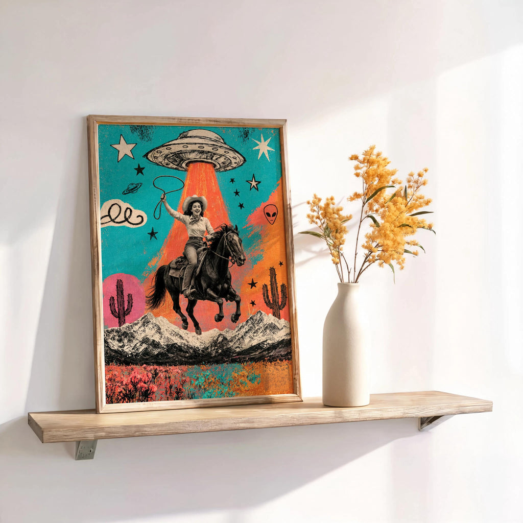 Cowgirl UFO Pop Art, Alien Abduction Poster, Western Horse Print, Retro Cowboy Wall Art, Colorful Americana Decor