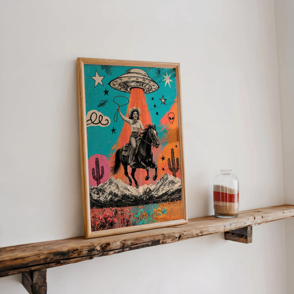 Cowgirl UFO Pop Art, Alien Abduction Poster, Western Horse Print, Retro Cowboy Wall Art, Colorful Americana Decor