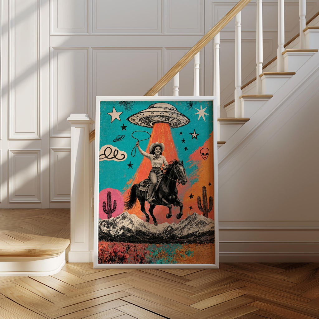 Cowgirl UFO Pop Art, Alien Abduction Poster, Western Horse Print, Retro Cowboy Wall Art, Colorful Americana Decor
