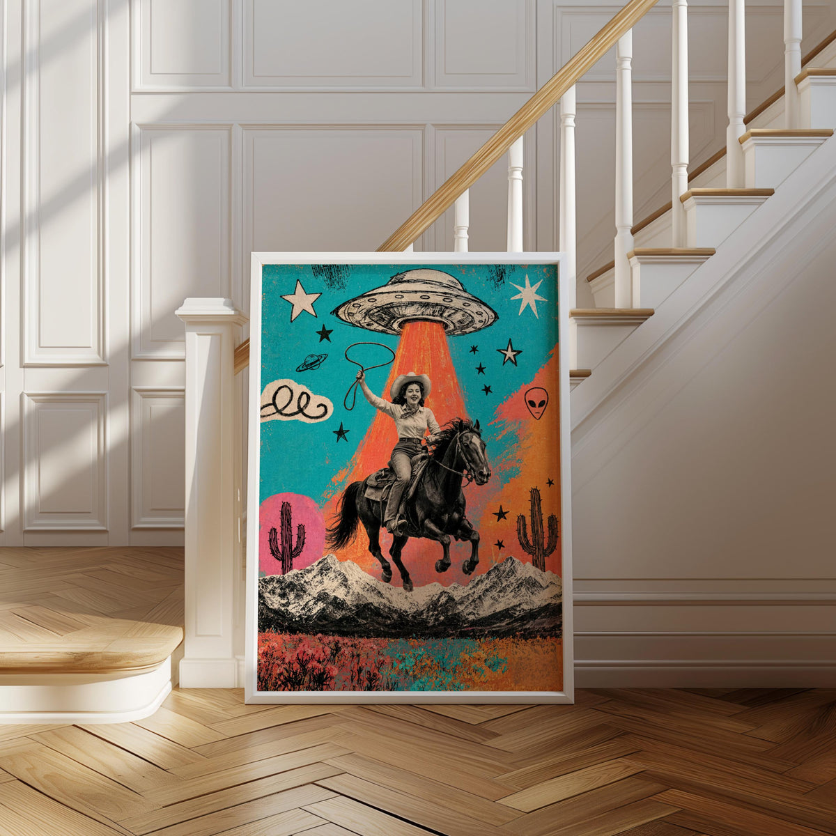 Cowgirl UFO Pop Art, Alien Abduction Poster, Western Horse Print, Retro Cowboy Wall Art, Colorful Americana Decor