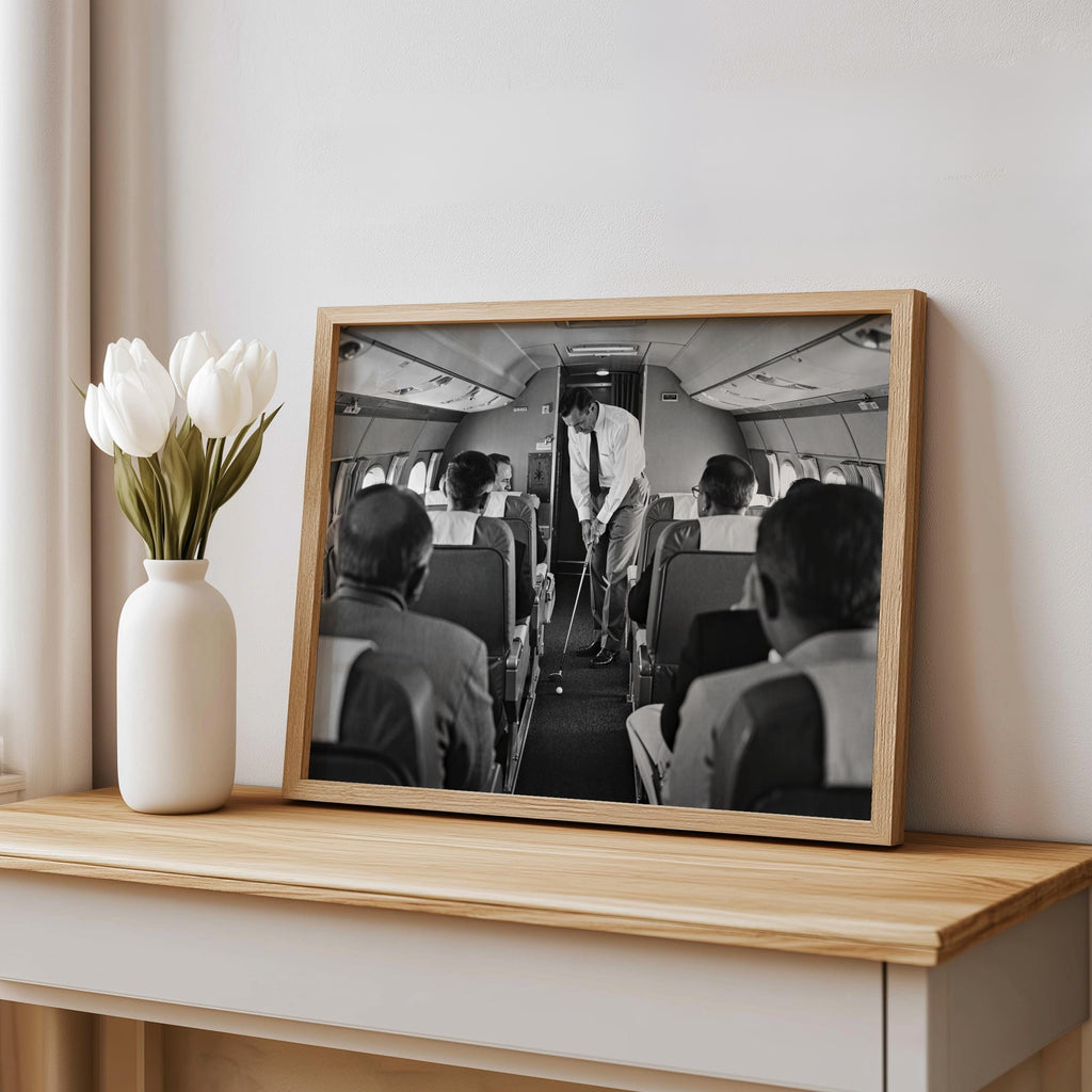 Wood frame print on shelf with tulips, black and white golf art showing a golfer in an airplane cabin