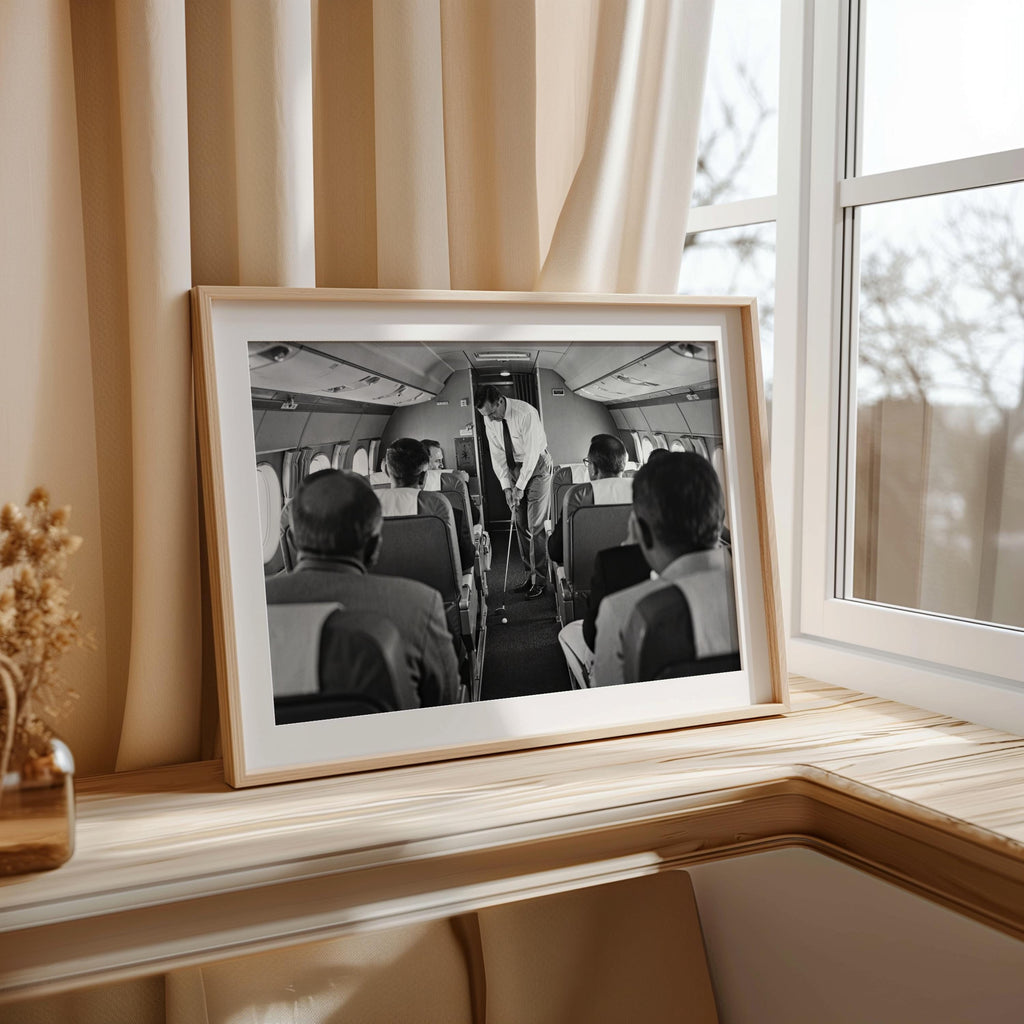 Framed print propped on sunny windowsill with curtains, surreal golf art blending airplane interior and golfer, ideal golf room decor