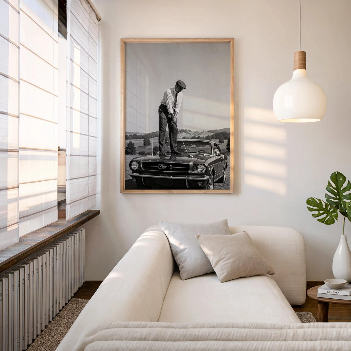Golfer on Classic Car Print, Vintage Sports Artwork, Black & White Automotive Poster, Mid Century Style Wall Decor, Golf Gift