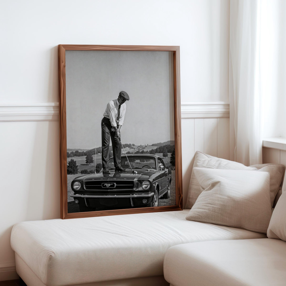 Golfer on Classic Car Print, Vintage Sports Artwork, Black & White Automotive Poster, Mid Century Style Wall Decor, Golf Gift