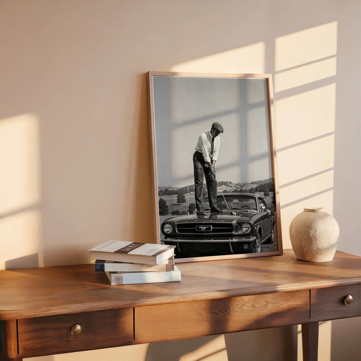 Golfer on Classic Car Print, Vintage Sports Artwork, Black & White Automotive Poster, Mid Century Style Wall Decor, Golf Gift