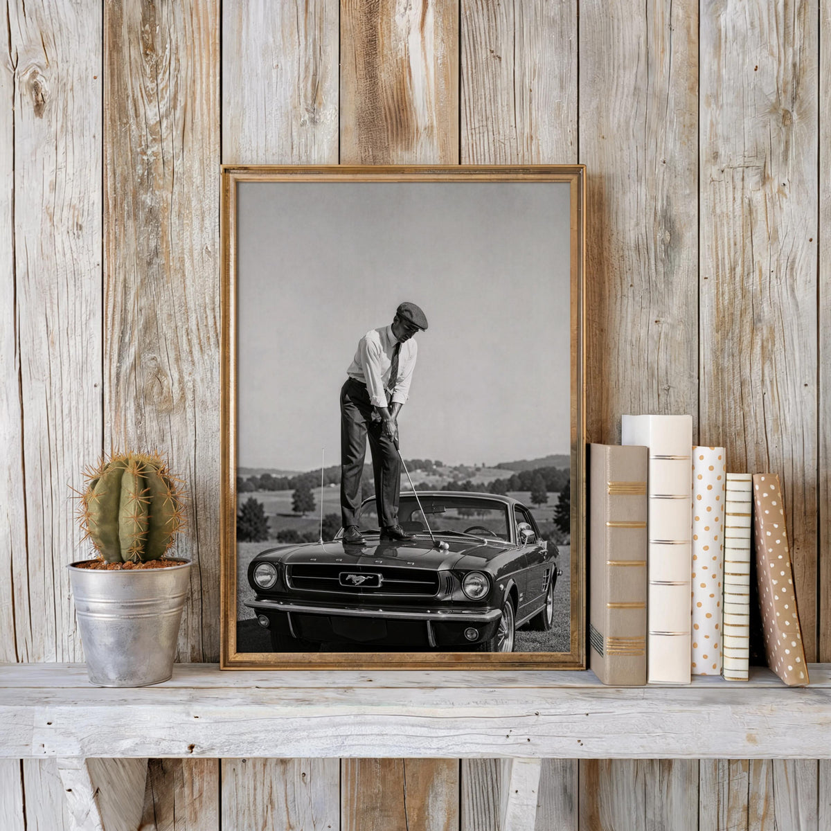 Golfer on Classic Car Print, Vintage Sports Artwork, Black & White Automotive Poster, Mid Century Style Wall Decor, Golf Gift