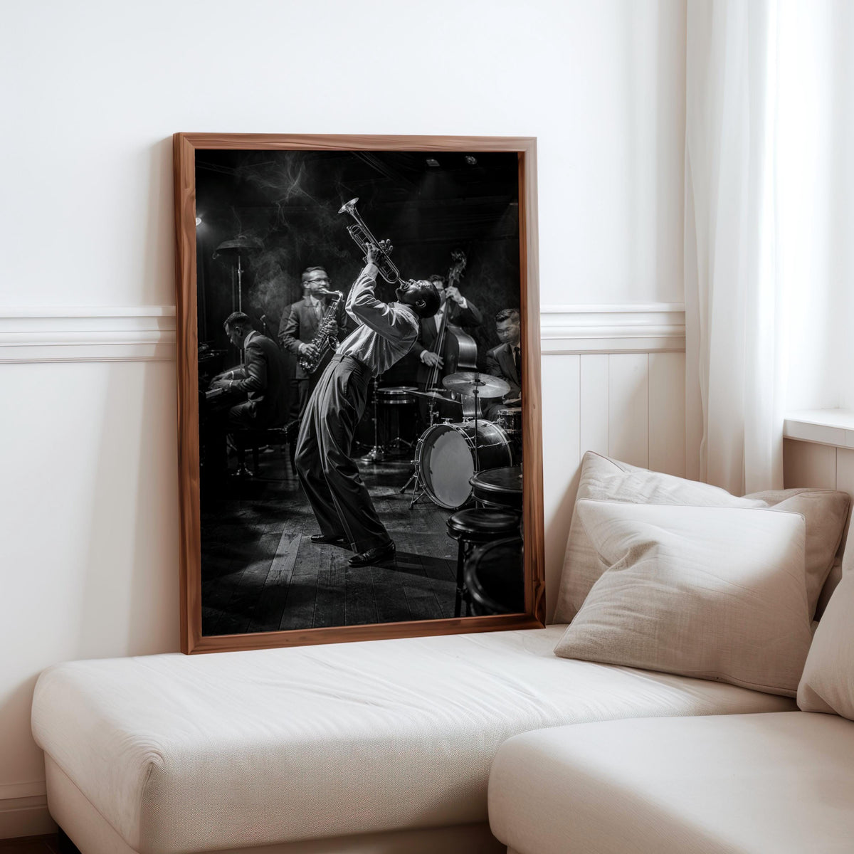 Jazz Club Wall Art, Black & White Music Print, Retro Trumpet Artwork, Vintage Live Band Poster, Black Musician Gift, Afrocentric Bar Decor