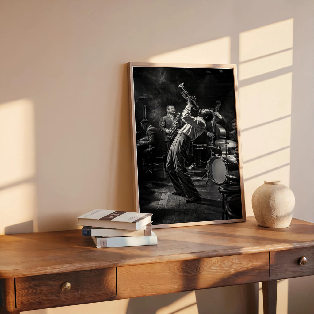 Jazz Club Wall Art, Black & White Music Print, Retro Trumpet Artwork, Vintage Live Band Poster, Black Musician Gift, Afrocentric Bar Decor