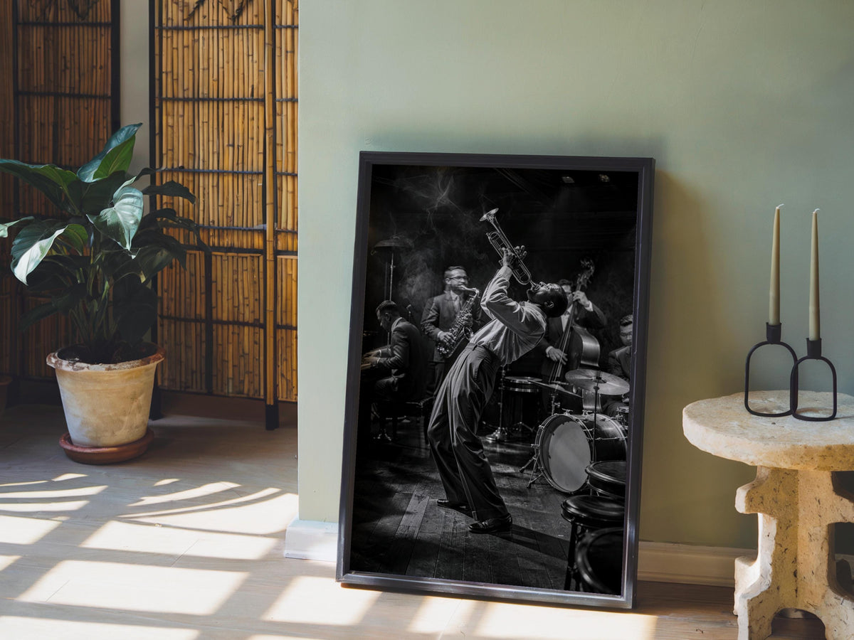 Jazz Club Wall Art, Black & White Music Print, Retro Trumpet Artwork, Vintage Live Band Poster, Black Musician Gift, Afrocentric Bar Decor