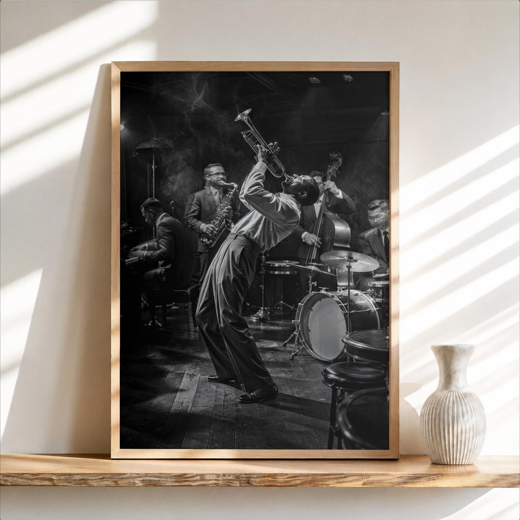Jazz Club Wall Art, Black & White Music Print, Retro Trumpet Artwork, Vintage Live Band Poster, Black Musician Gift, Afrocentric Bar Decor