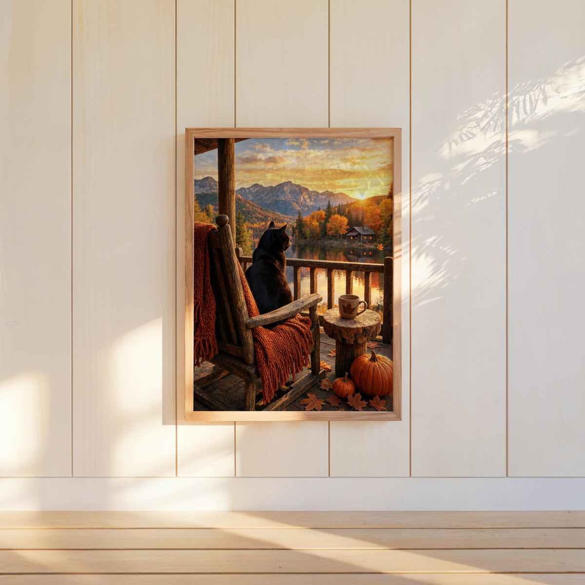 Black Cat by Autumn Lake Print, Cozy Fall Wall Art, Porch Cabin Poster, Mountain Landscape Sunset, Rustic Hygge Home Decor