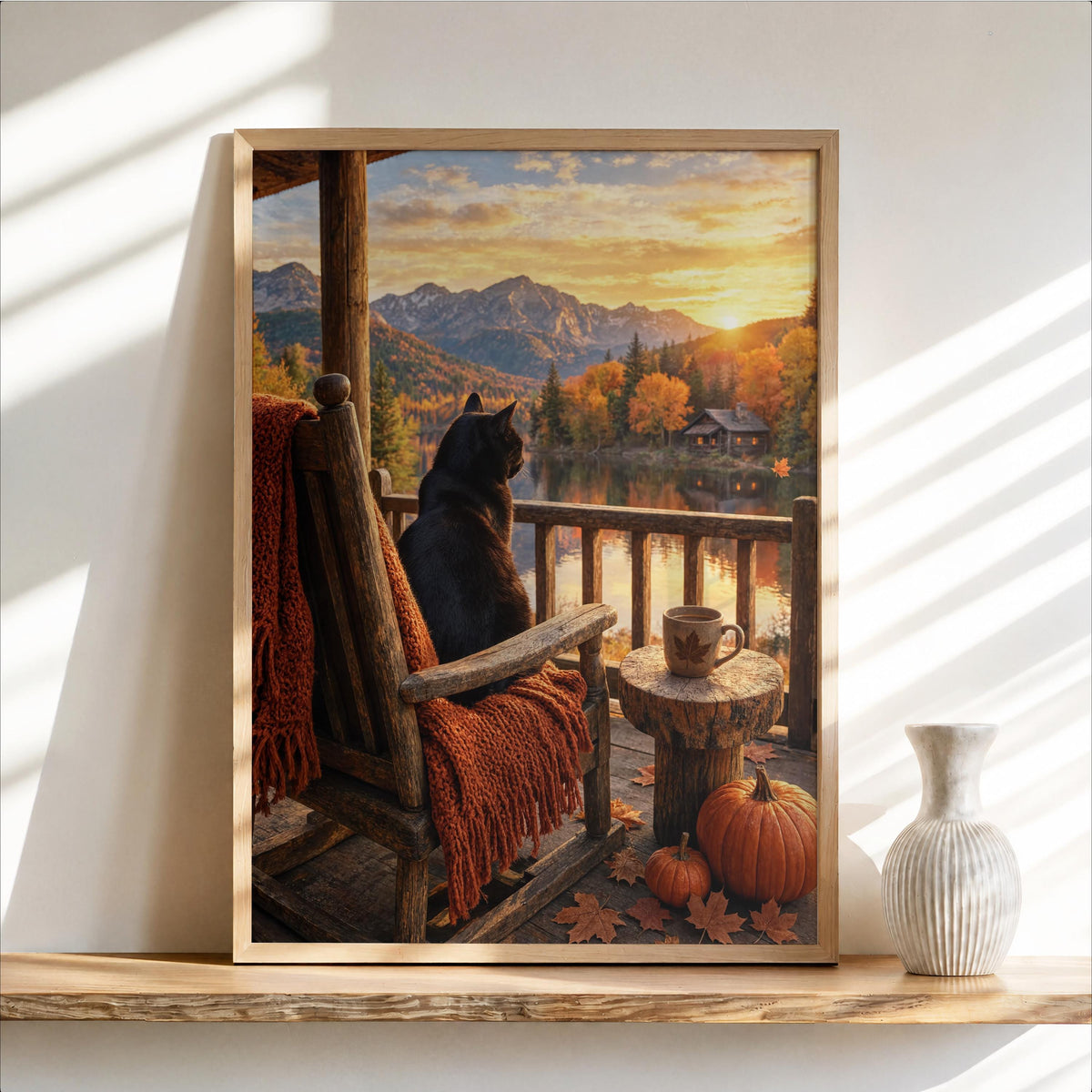 Black Cat by Autumn Lake Print, Cozy Fall Wall Art, Porch Cabin Poster, Mountain Landscape Sunset, Rustic Hygge Home Decor