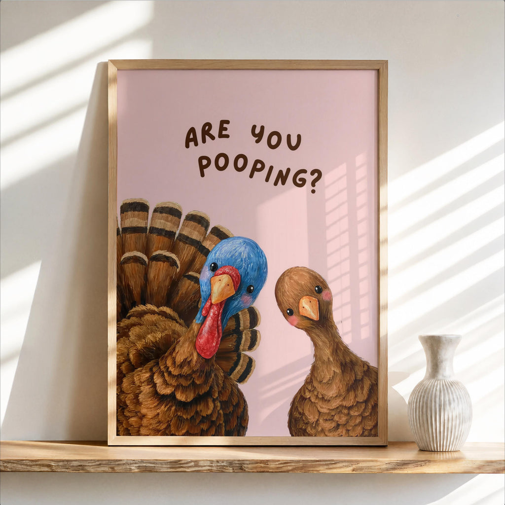 Framed funny turkey bathroom print on soft pink backdrop, quirky toilet sign energy and retro turkey illustration for powder room wall decor