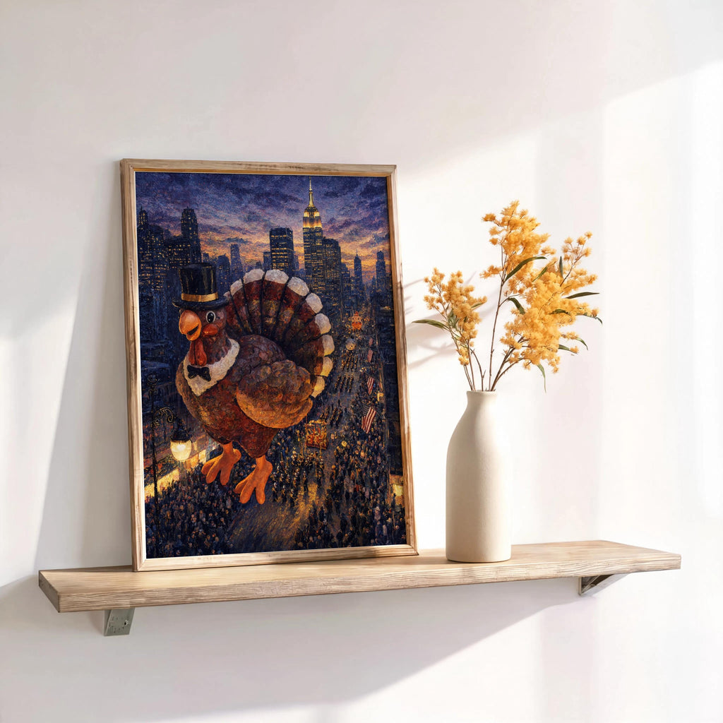 Leaned framed turkey art on a floating shelf with dried grasses, moody navy and burnt-orange autumn wall decor tones.