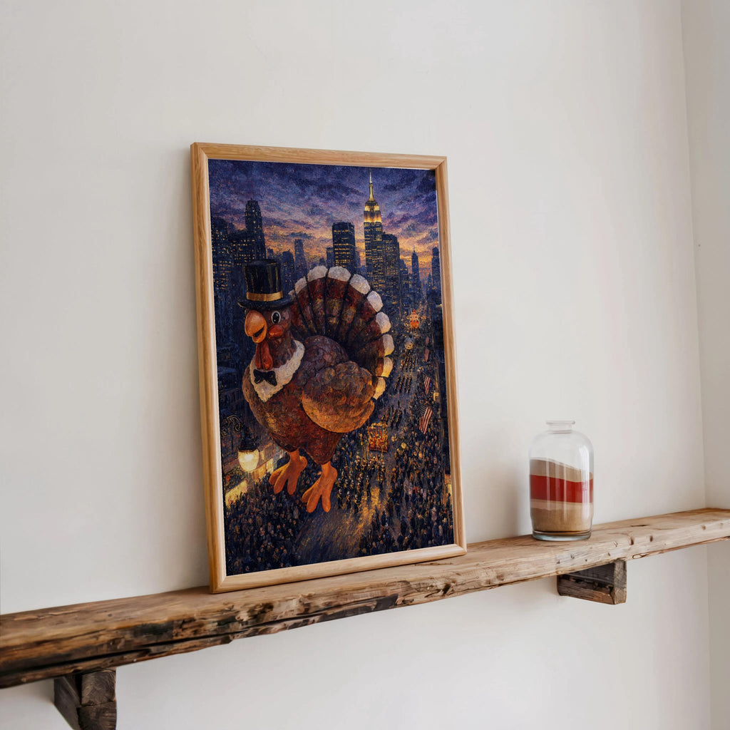 Framed Thanksgiving turkey wall art leaning on a rustic shelf, candle accent, burnt-orange and copper fall Thanksgiving decor.