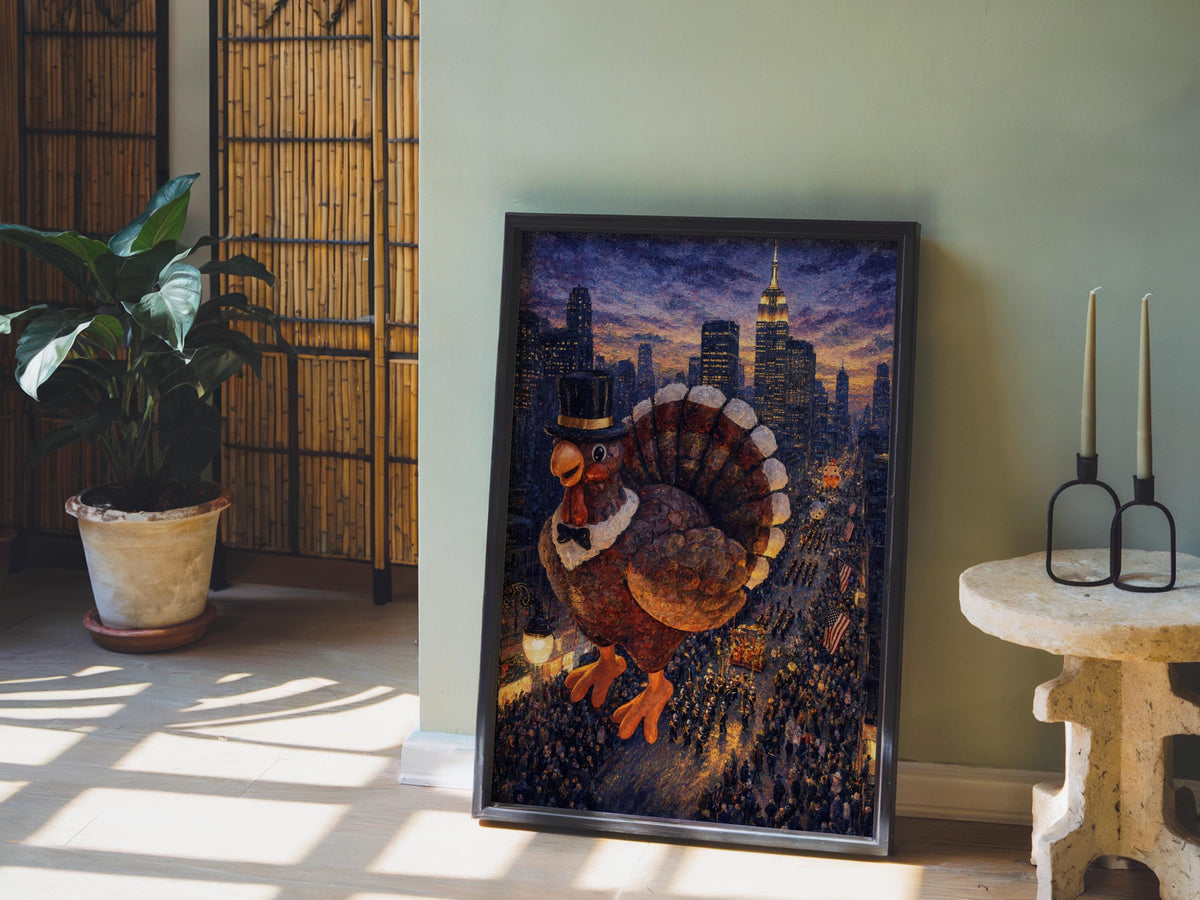 Thanksgiving turkey poster propped on a floor against a green wall, potted plant and warm sunlit floorboards visible.