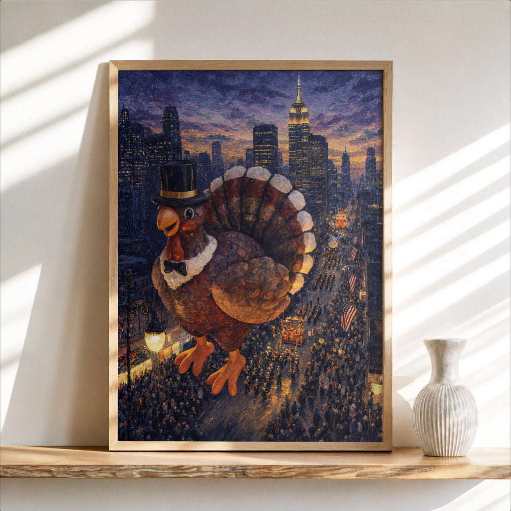 Framed vertical Thanksgiving turkey wall art leaning on a wooden ledge, navy, copper and burnt-orange New York skyline.