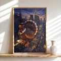 Framed vertical Thanksgiving turkey wall art leaning on a wooden ledge, navy, copper and burnt-orange New York skyline.