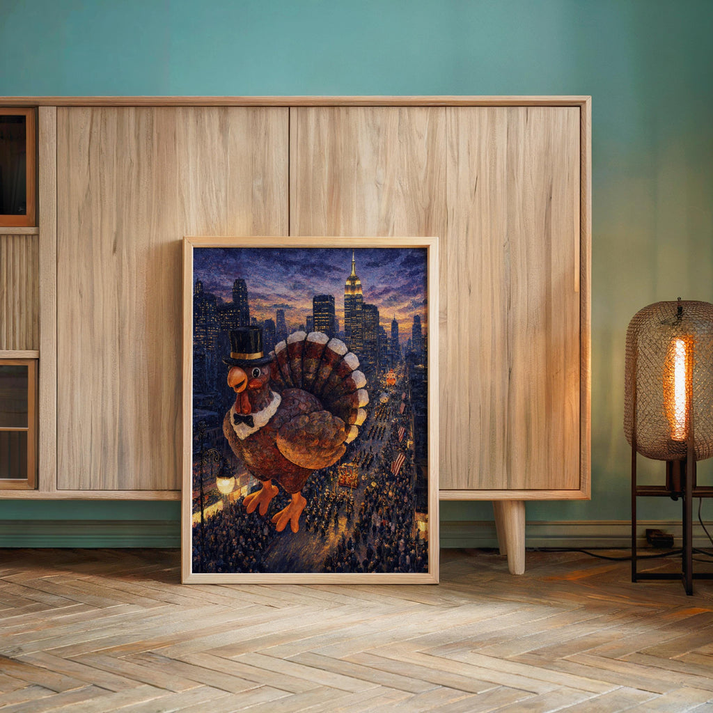 Vertical turkey poster leaned against wood-paneled wall with lamp and teal accent, vintage NYC Thanksgiving wall art vibe.
