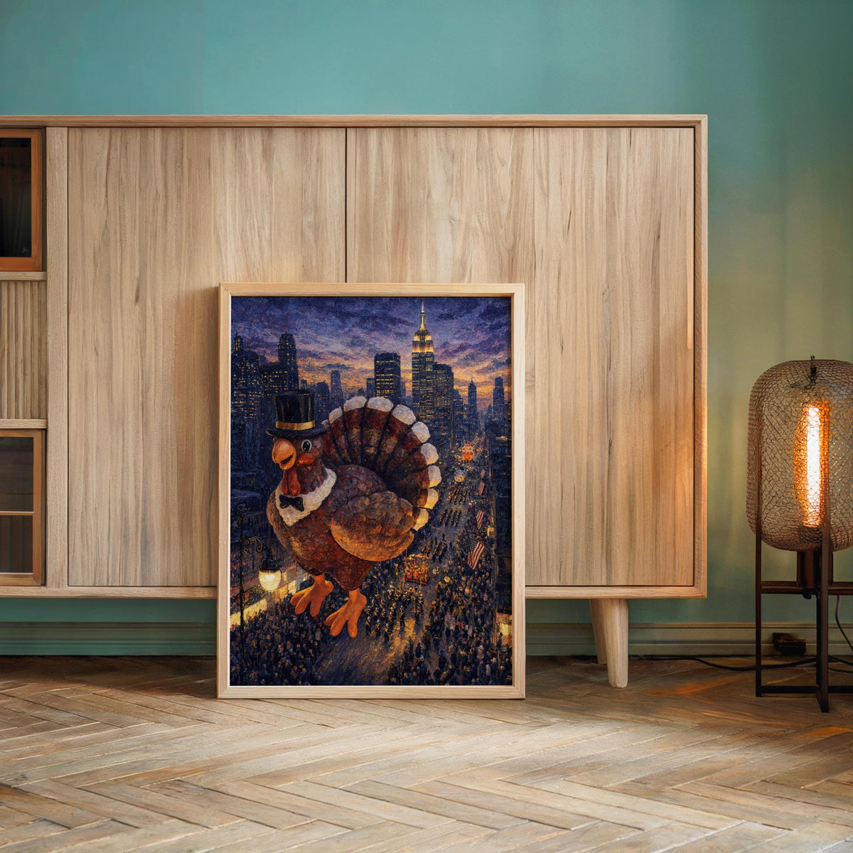 Vertical turkey poster leaned against wood-paneled wall with lamp and teal accent, vintage NYC Thanksgiving wall art vibe.