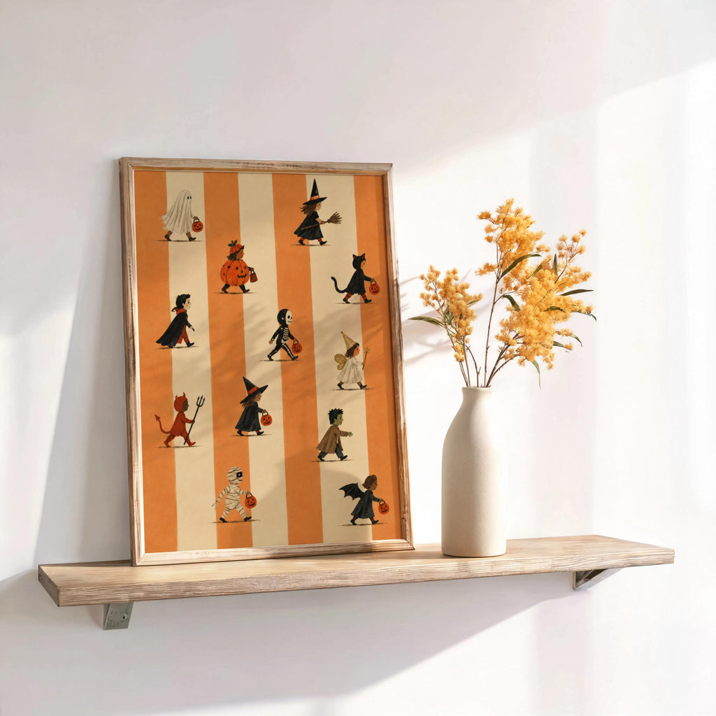 Halloween Trick Or Treat Print, Cute Kids Costume Parade Wall Art, Striped Vintage Autumn Poster, Spooky Halloween Fall Decor
