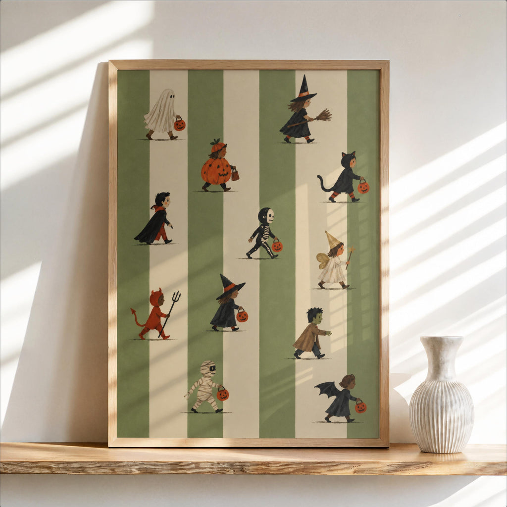 Halloween Trick Or Treat Print, Cute Kids Costume Parade Wall Art, Striped Vintage Autumn Poster, Spooky Halloween Fall Decor