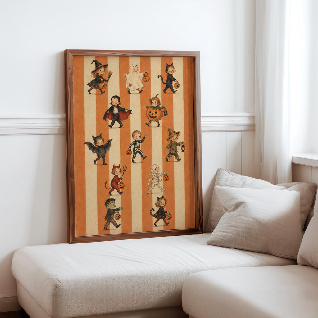 Halloween Parade Trick Or Treat Print, Cute Kids Costume Wall Art, Striped Spooky Halloween Fall Decor, Vintage Autumn Poster