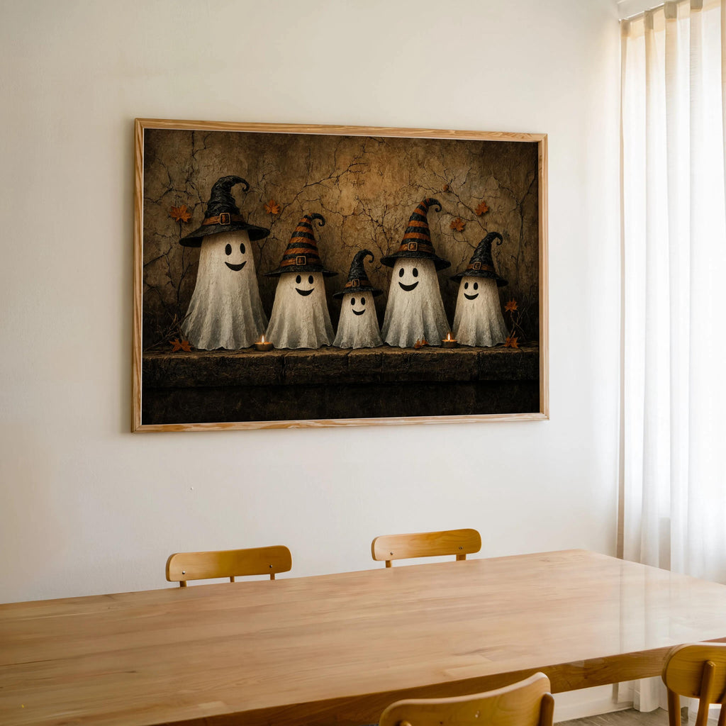 Ghost Family Wall Art, Halloween Witch Hat Print, Moody Cute Autumn Poster, Rustic Fall Painting, Cute Ghosts Decor